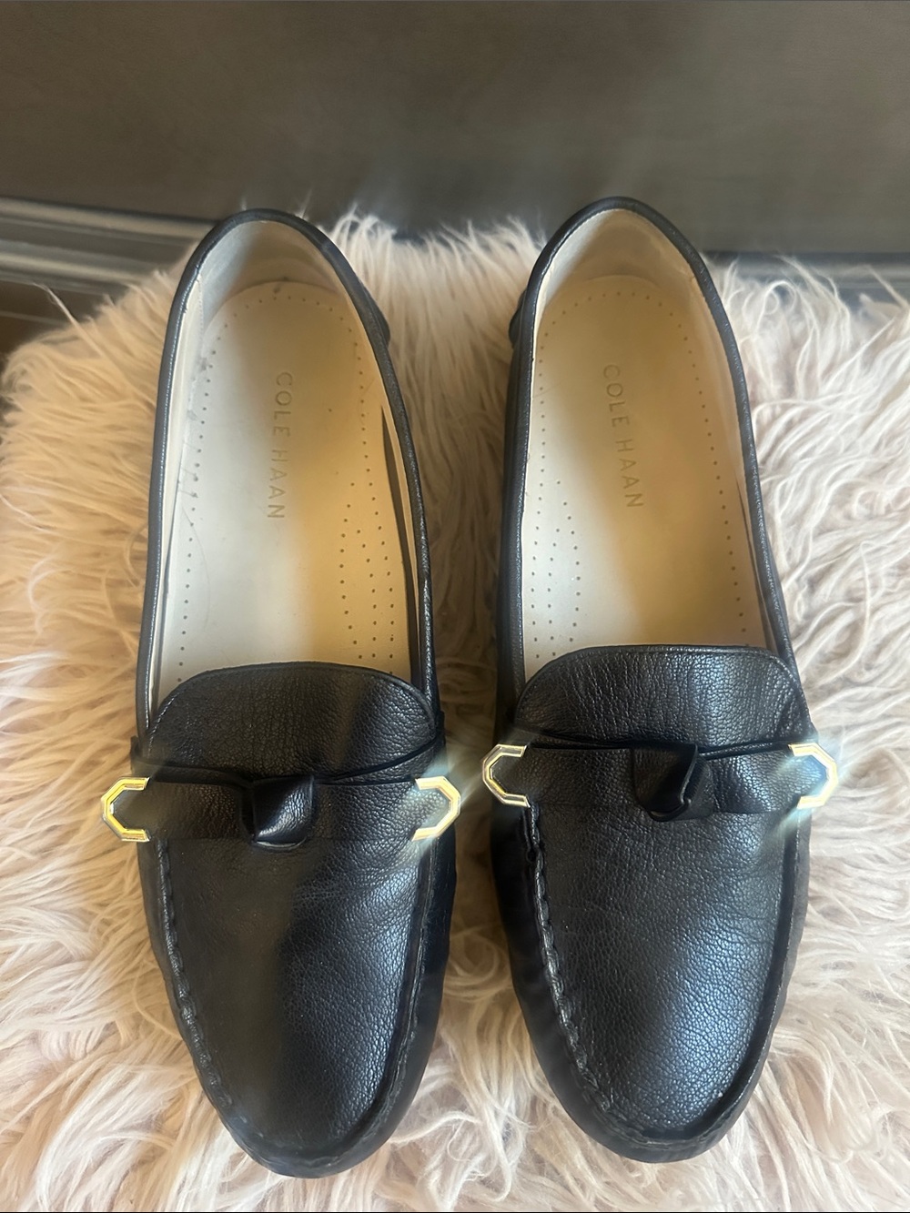 Cole Haan Black Leather Loafers with Geometric Gold Accent